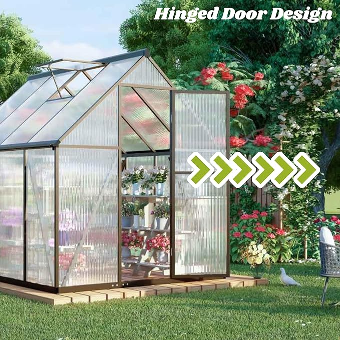 6x4 FT Greenhouse for Outdoors, Polycarbonate Greenhouse with Quick Setup Structure and Roof Vent, Aluminum Large Walk-in Green House for Outside Garden Backyard, Charcoal Black
