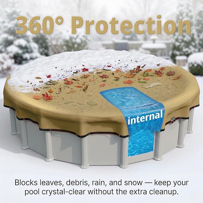 [Ultra Thick] 28FT Round Winter Pool Covers for Above Ground Pool Covers Easy Install 195GSM 500D,UV & Tear Resistant, Upgraded Heavy-Duty Winch, Reinforced Edges,Extra 4Ft Overlap Beige