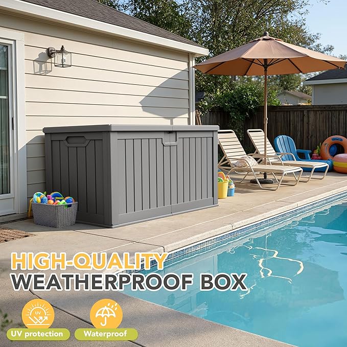 240 Gallon HDPE Deck Box Outdoor Indoor Waterproof Storage Box for Patio Furniture, Pool Accessories, Garden Tools, and Cushion Storage, Gray