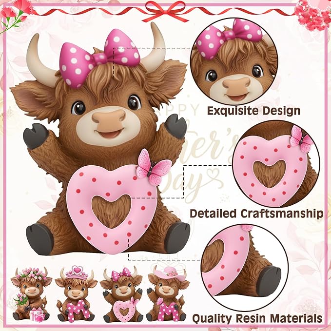 Simgoing 4 Pack Mother's Day Highland Cow Figurines Pink Highland Cow Statue Decor for Mom Miniature Cattle Statues Decoration for Mother's Day Tabletop Centerpieces Home Decor Calf Lovers Gifts