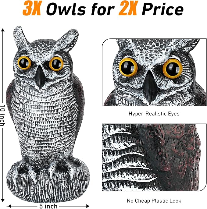 3-Pack Realistic Owl Statues for Outdoor Decor – Garden, Yard, Patio Decoration – Lifelike Bird Sculpture for Bird Control