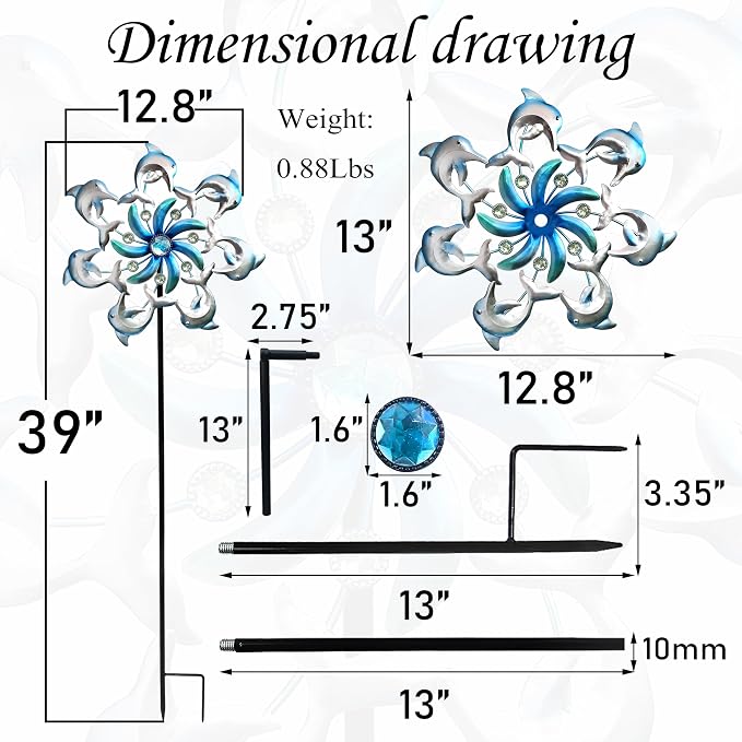 COOZZYHOUR 39" Dolphin Wind Spinners Metal Windmill Garden Stake,Ocean Theme Outdoor Wind Spinner,Wind Sculptures Yard Art Decorations for Patio,Lawn & Garden Decor