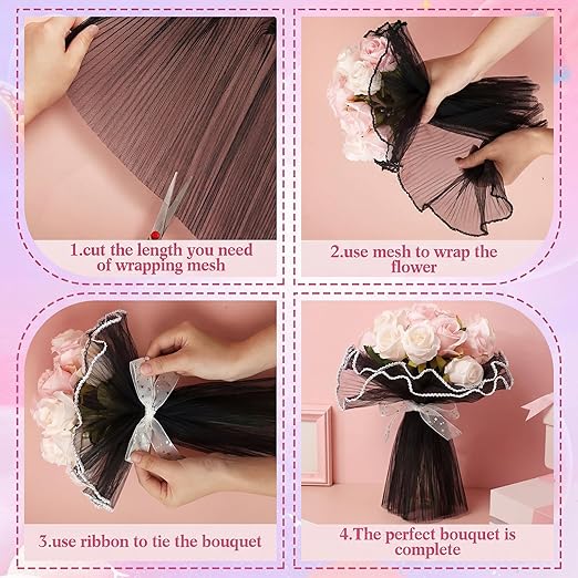 Gilprop 8 Pcs Flower Wrapping Mesh Paper, 11 Inch x 4 Yard Wavy Pearl Edge Wrinkled Flower Packaging Mesh, Florist Supplies for Teacher Mother's Day Gifts (Black)