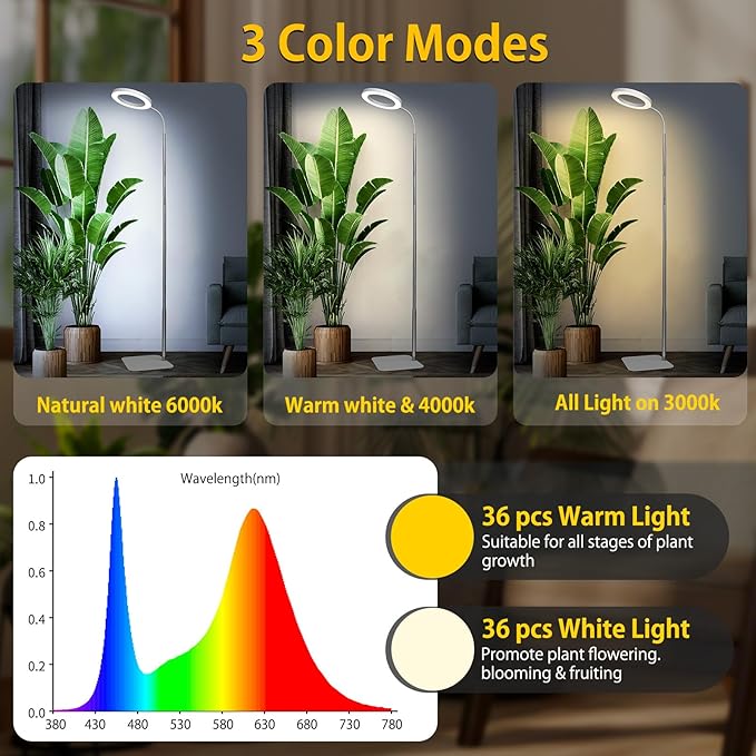 Grow Lights for Indoor Plants - Full Spectrum LED Plant Growing Light with 3H/9H/12H Auto Timer, Height Adjustable (16-67"), 3 Color Modes, 10 Dimming - Sun Lamp for Large Tall Small Plant- White