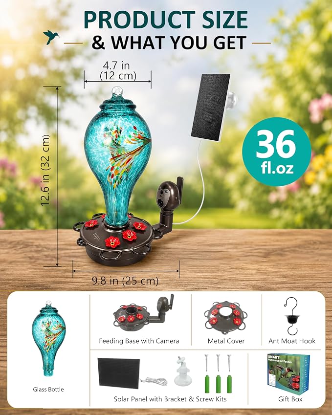 LUJII Smart Hummingbird Feeder with Camera for Outdoor Hanging, Hand Blown Glass, Solar WiFi Feeder with Live View App, 6 Feeding Ports, Leak-Resistant Design, Ant Moat & Gift Box, 36 fl oz, Teal
