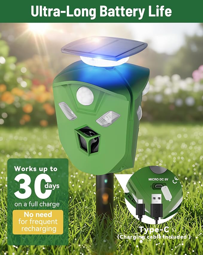360° Solar Animal Repellent for Yard & Garden – No Blind Spot Motion Sensor to Keep Deer, Raccoons & Cats Away, Waterproof Ultrasonic & Flashing Light Outdoor Deer Repellent Device