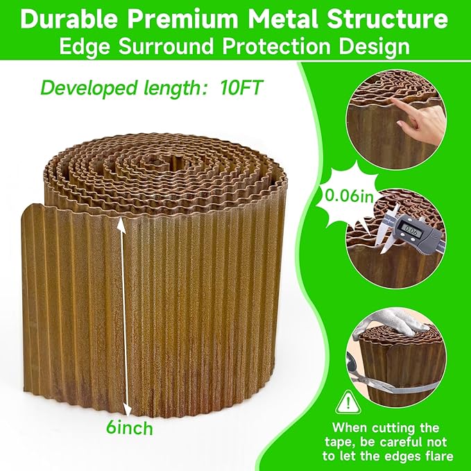 Corrugated Garden Edging, 6"×10Ft Pre-Rusted Landscape Edging & Lawn Edging Border, Metal Garden Border for Flower Beds, Garden，Lawn，Raised Beds & Tree Surrounds