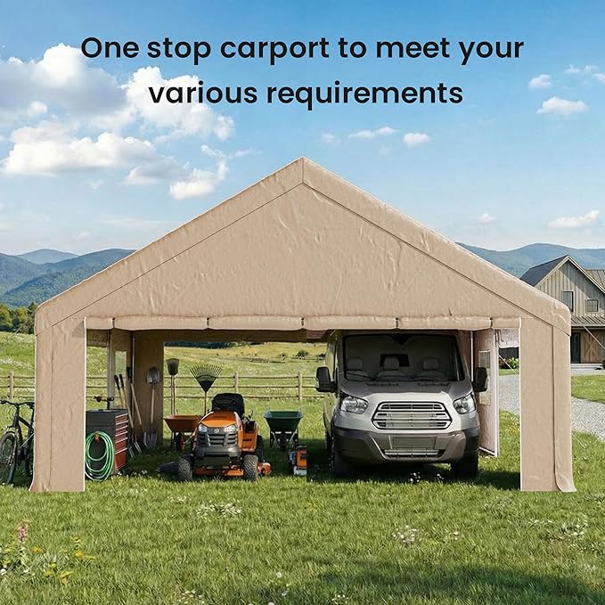COSIEST 20'×20' Storage Shelter Outdoor Gable Roof Carport with Removable Side Walls, Heavy-Duty Garage Canopy Weatherproof PE Cover, Multi-Purpose Vehicle/Tractor Shed for Backyard/Driveway/Farm