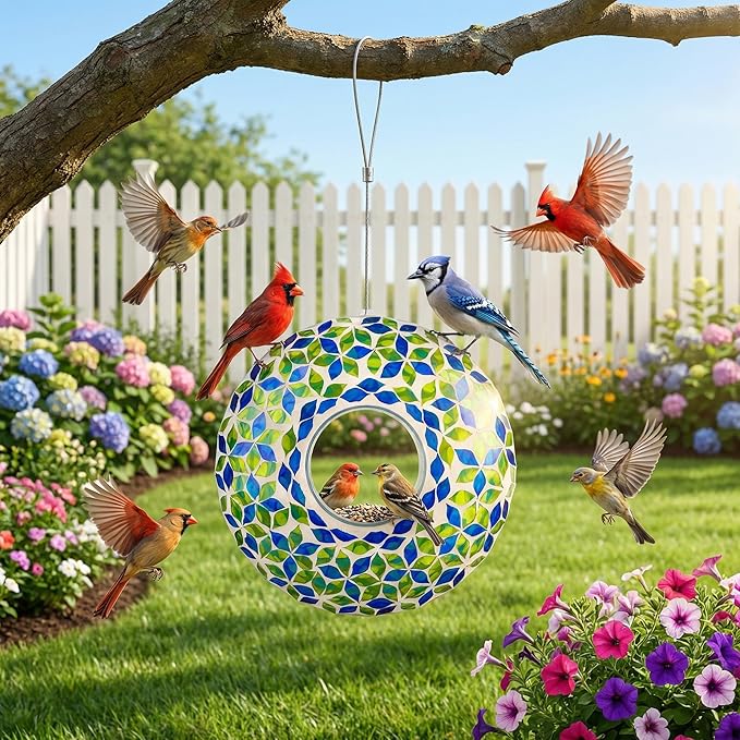 DUSVALLY 9 Inch Fly Through Bird Feeder for Wild Birds, Colored Glass Mosaic Outdoor Hanging Feeder - Squirrel Proof Design, Easy Clean, Weather Resistant for Garden Patio Hummingbirds Finches