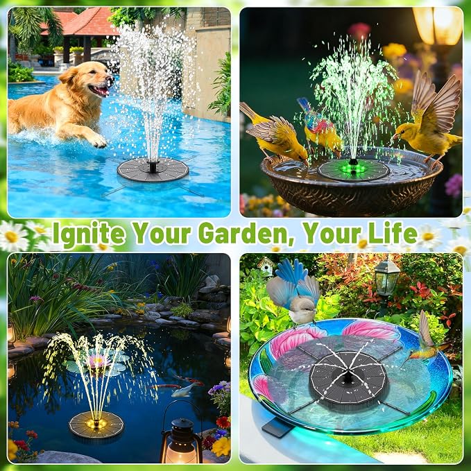 Solar Fountain with 3 Spray Height, Colorful Led Lights, 3.5W Glass Solar Bird Bath Water Fountain with 2000mAh Battery, 4 Rotating Rods and 7 Nozzles for Hummingbird Bathing, Outdoor Décor