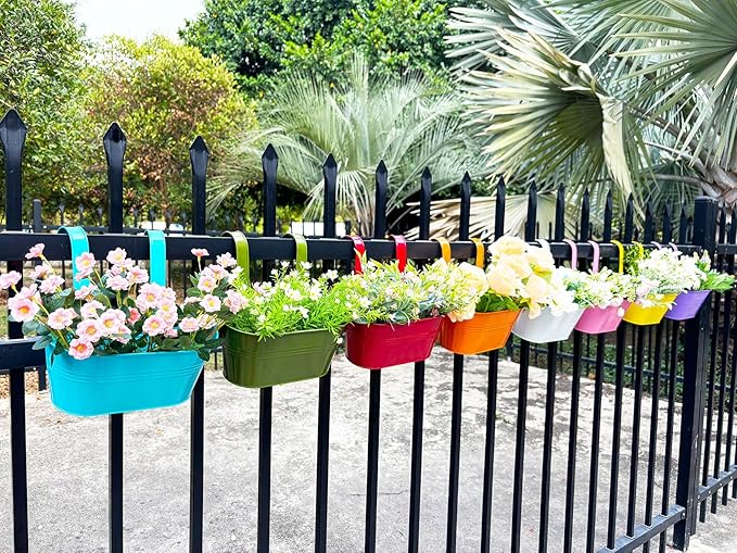 12" Balcony Railing Planters, Outdoor Hanging Planter for Fence, Stylish Metal Porch Deck Flower Pot for Herbs & Succulents (11.8", Pack of 8)