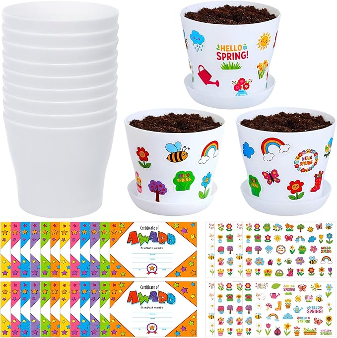 Domensi 30 Pack Garden Pot Craft Kit 4 Inch DIY Hello Spring Crafts for Kids Bulk Plastic Flower Plant Pot Plastic Planter with Tray Drainage Holes with Tag, Certificate of Award, Sticker