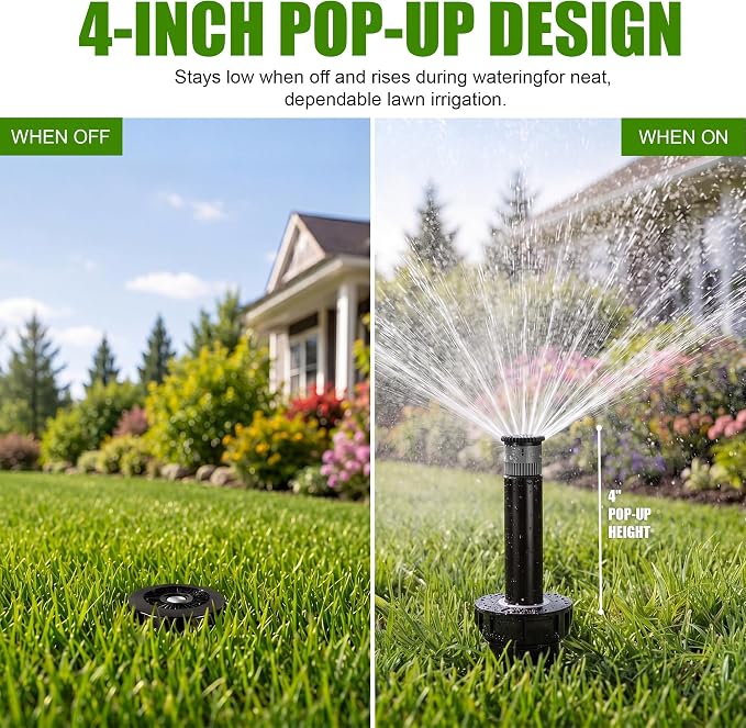 4 Pack Adjustable Sprinkler Heads for Lawn, Compatible with Rain Bird 1800 Replacement Sprinkler Head, 4-Inch Pop-Up, 9-20 ft Radius, 0-360° Adjustable Arc, Efficient Garden Yard Irrigation