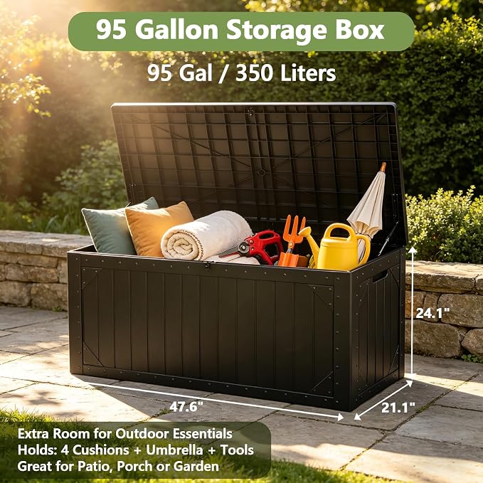 Outdoor Storage Box, 95 Gallon Deck Box Outdoor Storage Bench, Outside Waterproof Resin Storage Bench, Lockable Patio Cushions, Garden Tools Storage for Furniture, UV Resistant (Black)