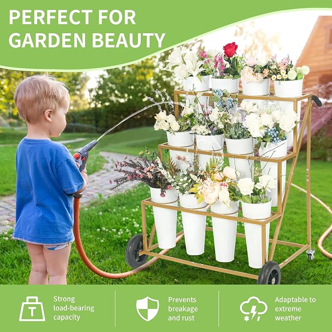 Flower Bar Stand with 12 Iron Buckets - Flower Display Stand with Big Wheels - Hand-Pushed Moving Flower Cart for Garden and Wedding - 3 Layers Gold Florist Bouquet Holder
