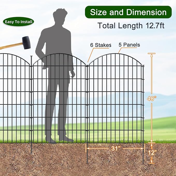 FOREHOGAR Metal Garden Fence 48in (H) x 12.7ft (L), 5 Panels + 6 Stakes Dog Fence Border Fence Animal Barrier, No Dig Garden Fencing for Yard Flower Bed Lawn Patio Outdoor, CTW4805 Black