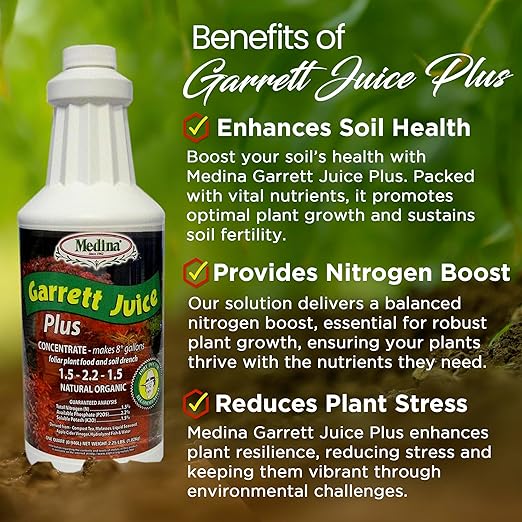 Medina Garrett Juice Plus -Liquid Plant Food & Fertilizer for Houseplants, Lawn, & Garden | Foliar Solution & Growth Enhancer, Ideal for Potted & Patio Plants | Nitrogen-Rich Liquid Fertilizer - 1 Qt.