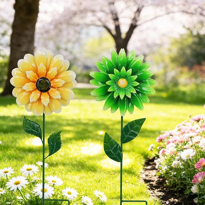 2 Pack Metal Flower Wind Spinner for Yard, 18in Outdoor Garden Stake with Retro Floral Design, Kinetic Patio Lawn Art, Weather Resistant Spring Decor