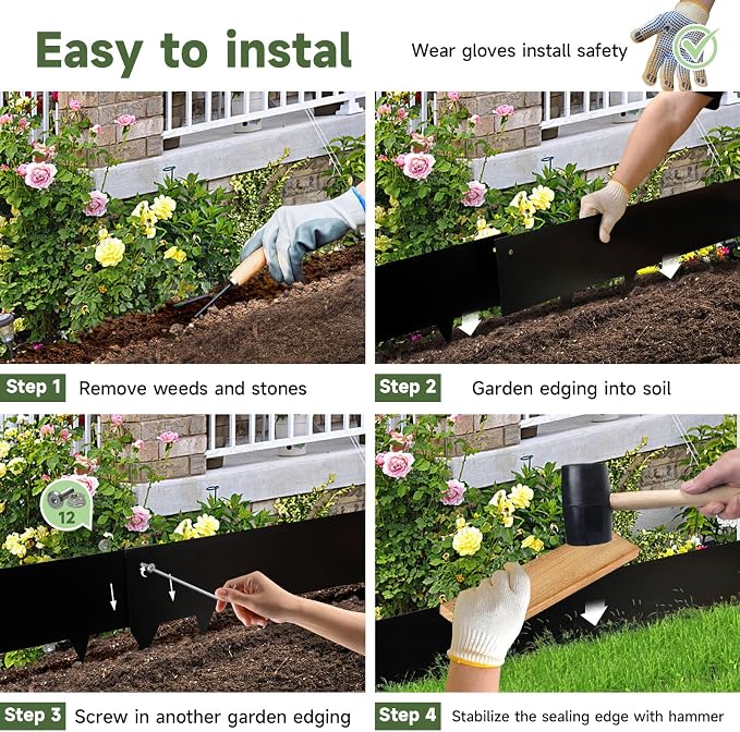 Steel Landscape Edging - 40" LX 6" H Metal Garden Edging - Landscape Lawn Edging - 20FT Total 6 Pcs - No-Dig Hammer Heavy Duty Metal Edging Bendable Border Strips for Lawn Yard Black GJWCVL - 6 Clips