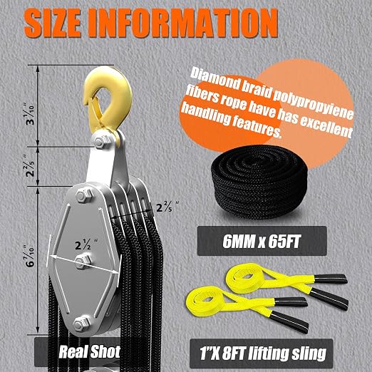 YATOINTO Rope Hoist Pulley System, 4400LB Pulley Block and Tackle, 8:1 Ratio Lifting Power 65ft, Heavy Duty Pulley Block for Lifting Pulling (with 2PCs Straps)