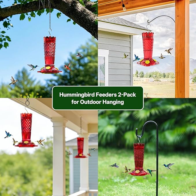 Plastic Hummingbird Feeders for Outdoors Hanging, 2 Pack 14OZ Ant & Bee Proof Humming Bird Feeder, 4 Feeding Ports Leak Proof Hummingbird Feeder for Outside Garden Decor, Gifts for Women Mom, Red