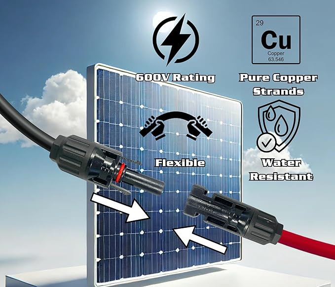 WindyNation 12 Gauge 12 AWG Pair 30 Feet Black + 30 Feet Red PV Photovoltaic Solar Panel Extension Cable Wire Solar Connector