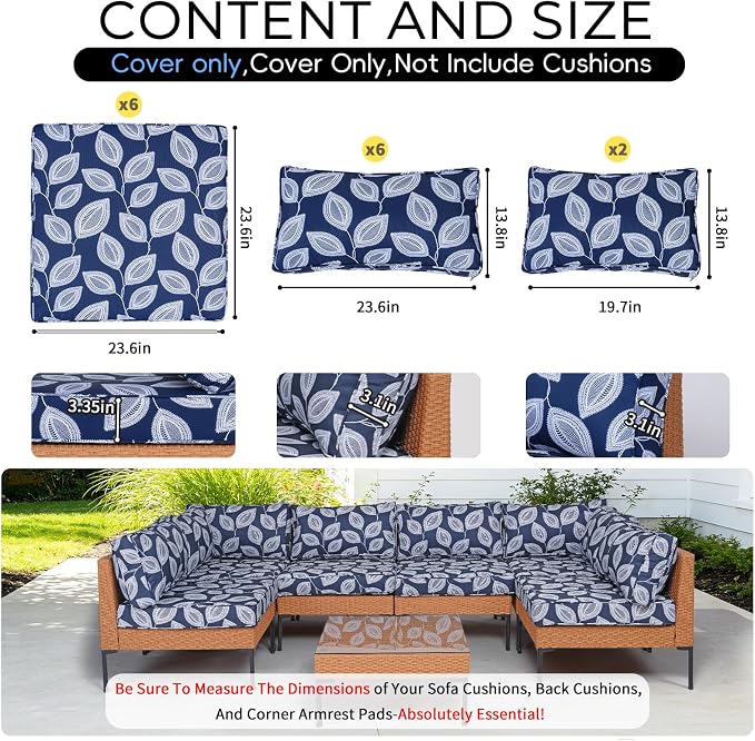 14 Piece Outdoor Patio Cushion Covers Replacement Waterproof with Zipper for 6-Seater Sectional Couch Chair Patio Furniture Conversation Sofa Seat Cushions Slipcovers Set, Only Cover
