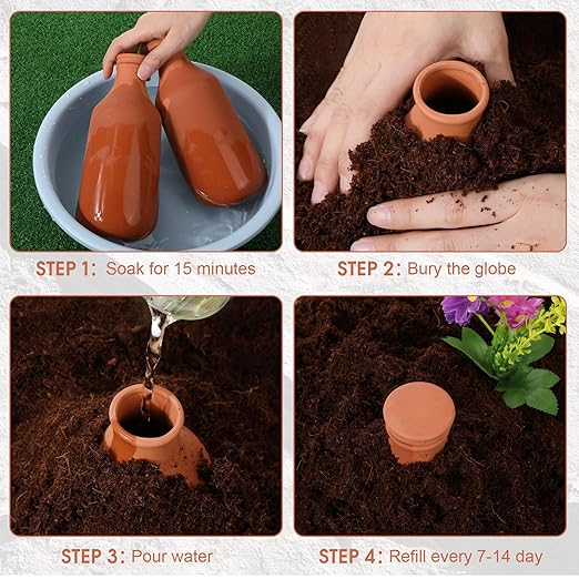 DoubleFill 2 Pcs 18oz Ollas Terracotta Watering Pots Self Watering Planter Insert Terracotta Globes Clay for Outdoor Indoor Garden Plants, Easy to Refill