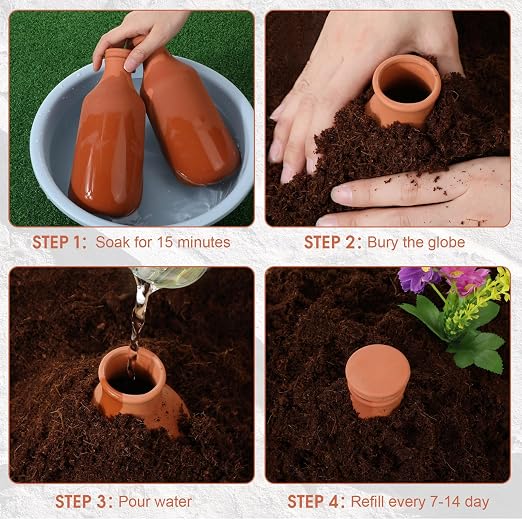 DoubleFill 6 Pcs 24oz Ollas Terracotta Watering Pots Self Watering Planter Insert Terracotta Globes Clay for Outdoor Indoor Garden Plants, Easy to Refill