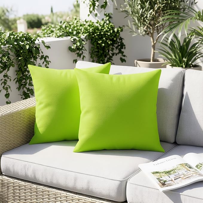 Lewondr Waterproof Outdoor Throw Pillow Cover, 2 Pack Solid PU Coating Throw Pillow Case UV Protection Garden Cushion Cover for Patio Sofa Couch Balcony 20"x20"(50x50cm), Fluorescent Green