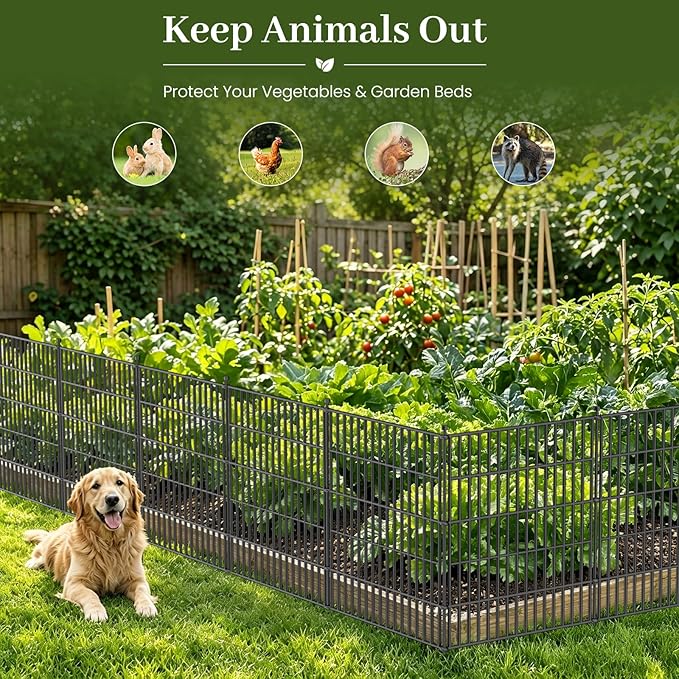 5 Panels No Dig Decorative Outdoor Garden Fence with Gate for Yard, 48 in(H) X 11.8 ft(L) Animal Barrier Fencing Rustproof Metal Wire Panel Border for Dog, Rabbits, and Patio Temporary Ground Stakes