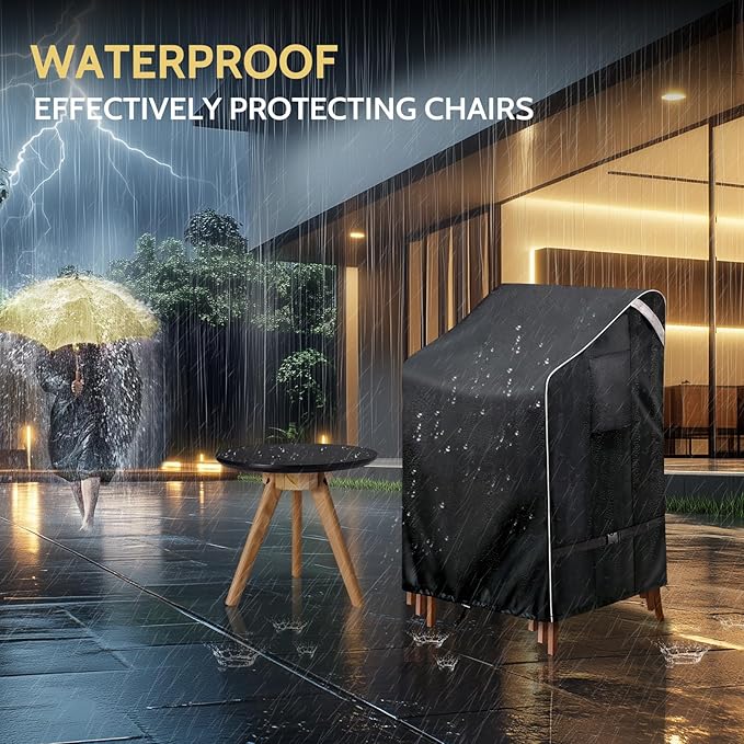 COSFLY Stackable Patio Chairs Covers Waterproof, Outdoor Furniture Covers Heavy Duty for 4-6 Stacking Chairs 1 Pack - Fits up to 28w x 36D x 47H inches (Black)