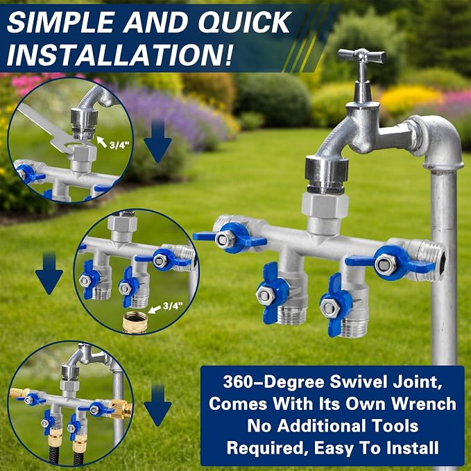 4 Way Garden Hose Splitter, 304 Stainless Steel Hose Splitter with 4 Shut-Off Valves, Heavy Duty Outdoor Faucet Adapter, 3/4" GHT Full Flow Hose Connector for Garden Irrigation