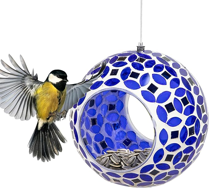 Sunnydaze 6-Inch Glass Mosaic Hanging Bird Feeder for Outdoors - Fly-Through Glass Bird Feeder for Cardinals, Jays, Finches and More - Lavender Mosaic