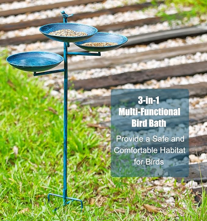 44" H Bird Bath and Feeder for Outdoors, 3 in 1 Free Standing Metal Birdbaths with Cast Iron Bird 4-Prong Stake Base for Outdoors Yard Garden Patio, Blue
