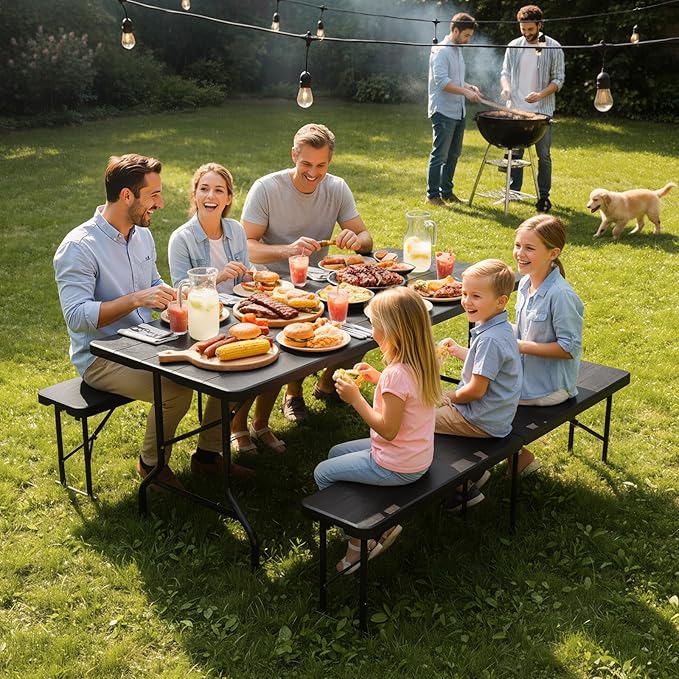 Bonnlo Black Folding Picnic Table Set with 2 Benches, 6 Feet Camping Table Chair Set, Modern Portable 3-Piece Furniture for Indoor/Outdoor Use, White Folding Picnic Table with Smooth Tabletop