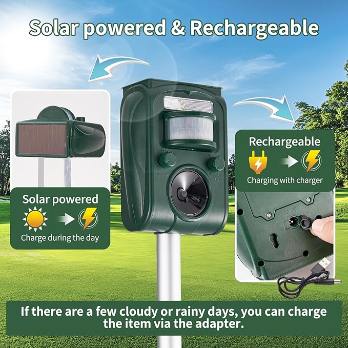 Upgraded Solar Ultrasonic Squirrel Deer Repellent Devices Motion Detection 5 Adjustable Modes, Cat Raccoon Rabbit Dog Deterrent, Animal Repellent with Waterproof for Yard, 2P Dark Green