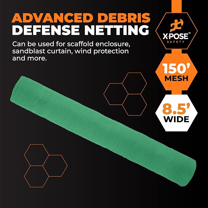 Xpose Safety Construction Safety Netting – 8.5' x 150', 1/4" Mesh Scaffold Safety Net, Temporary Material Roll, Visibility Fence, Heavy-Duty Fire Retardant, Green