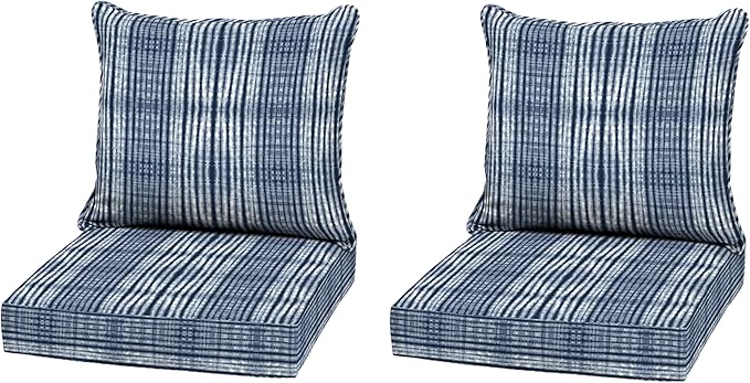 Arden Outdoor Deep Seat Cushion Set (2-Pack), 22 in x 24 in, Weather-Proof, Rain-Proof, Fade Resistant Patio Cushion for Chair, Sofa, and Couch Blue Shibori Stripe