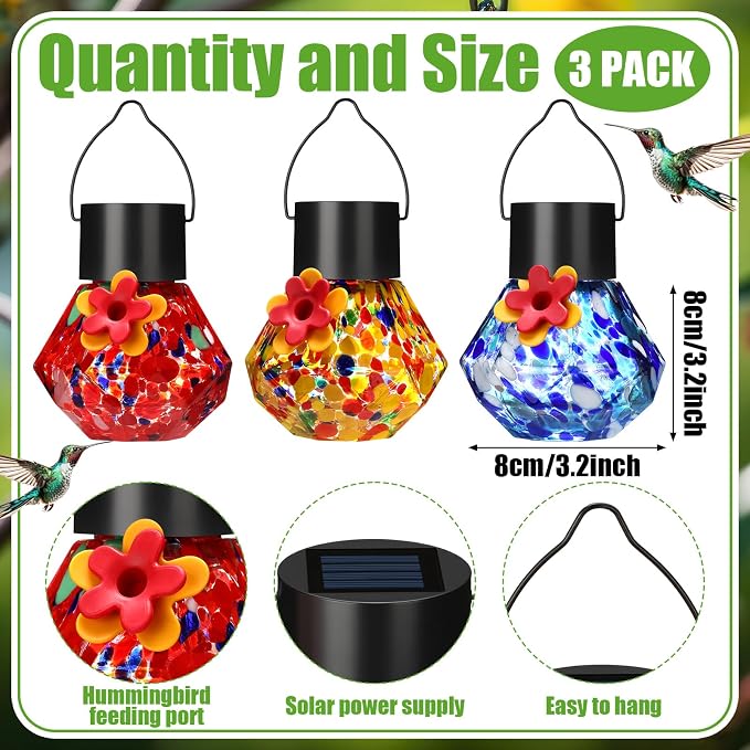 Nuogo 3 Pcs 3.54 Inch Blown Glass Hummingbird Feeders Solar Powered Hummingbird Feeder with LED Light for Garden Outdoors Window Decor Valentine Hanging Gifts Ant and Bee Resistant (Color D,Novel)