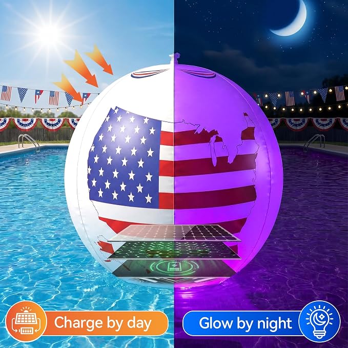 2 Pack Solar Floating Pool Lights 16", America 250th Anniversary Decorations, Patriotic Light Up Inflatable Beach Balls with Remote, Color Changing IP68 Waterproof Pool Decor for 4th of July Party