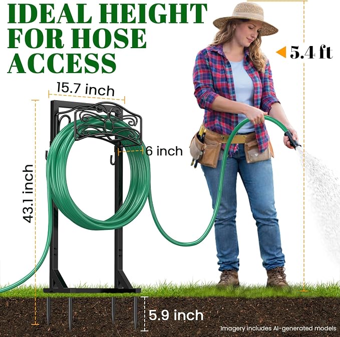 Sunvigor Freestanding Garden Hose Holder Stand, Heavy Duty Hose Reel Alternative with 2 Tool Hooks, Holds 150FT Water Hose, 4-Spike Stable Base, No-Drill Hose Storage for Outside Yard Lawn Garden