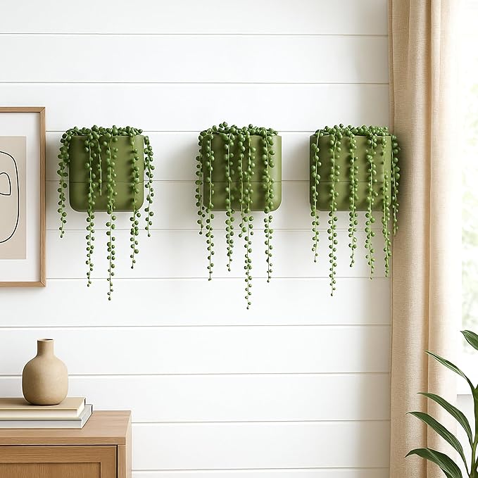 Phoenix Vine 6.5 Inch Wall Mounted Self-Watering Planter Pot for Indoor Houseplants and Herbs | Hanging Planter for Window Sills, Bathroom Walls, Home & Office Décor, Olive, Set of 3, 01-C-F-3