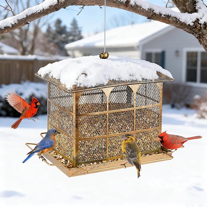Large Bird Feeder, Heavy Duty Metal Bird Feeders for Outdoor Hanging, 9.5LB Seed Capacity Wild Birdfeeder for Outside Garden Decoration