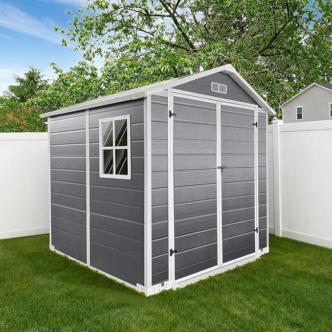 YOPTO 6x6 FT Storage Shed,Plastic Outdoor Storage Shed with Floor and Lockable Door,Waterproof Garden Shed W/Windows & Vents,Sloped Roof,Tool House for Storing Bicycles,Lawnmowers,Gray