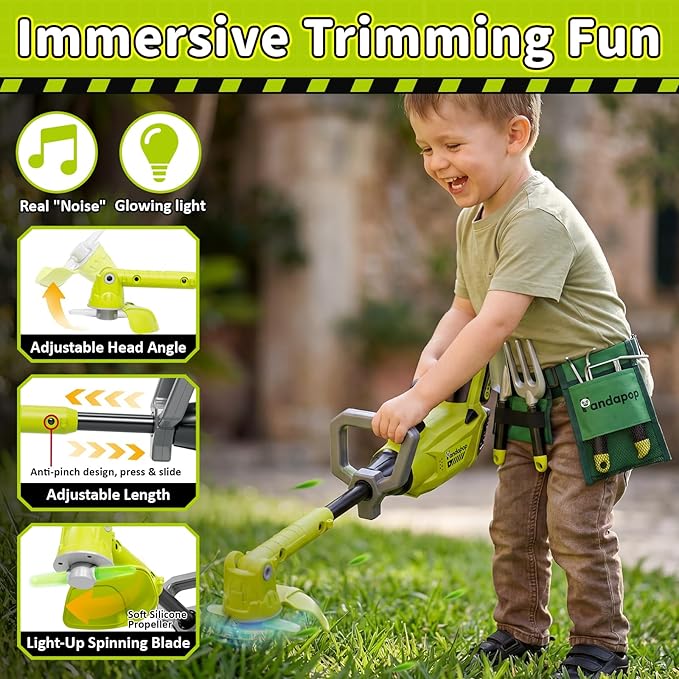 Pandapop Kids Gardening Tools Set, 2 In 1 Kids Leaf Blower & Toy Lawn Mower with Sounds & Lights, Kids Tool Set with Belt & Gloves, Outdoor Play Toy Tools, Christmas Birthday Gifts for Boys 3 4 5 6 7+