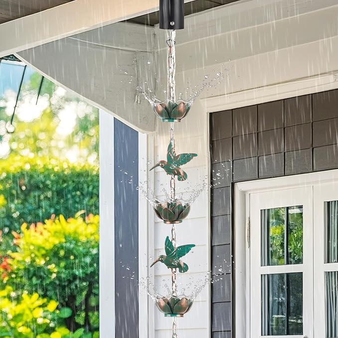 Rain Chain for Gutters Downspouts Outside,8.8ft Hummingbird Rain Chain with 12 Copper Lotus Rain Chain Cups,Functional and Decorative Replacement
