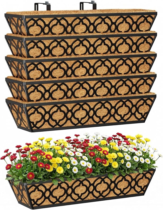 Y&M Deck Railing Planter Boxes, Adjustable Balcony Planter for Outdoor Plants, Metal Railing Planter Box for Deck, Fence and Porch, Window Boxes Outdoor, Sturdy Hanging Planter-24inch 6pcs