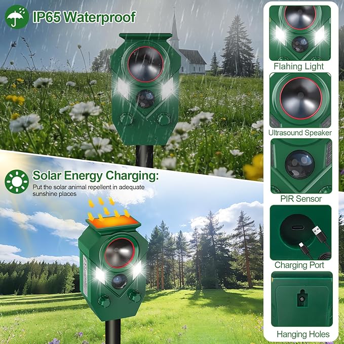 Ultrasonic Animal Repeller Outdoor,Cat Repellent & Deterrent with PIR Sensor & Flashing Light,Solar Powered Deer Repellent Device for Squirrels,Raccoons,Skunks,Rabbits,and Dog,IP65 Waterproof - 1 Pack