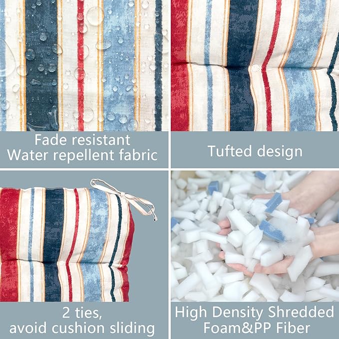 LVTXIII Outdoor/Indoor Tufted Seat Cushion, Decorative Wicker Chair Pads All Weather Seat Cushion Sets for Patio Garden Home Office Furniture, 19"x19"x4", Round Back, Pack of 2, Stripe Red Blue